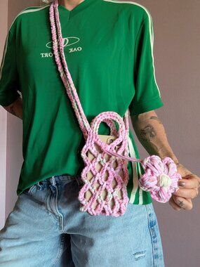 Artisan Handmade Knit Phone Pouch Charm Crossbody OS Pink Matcha
